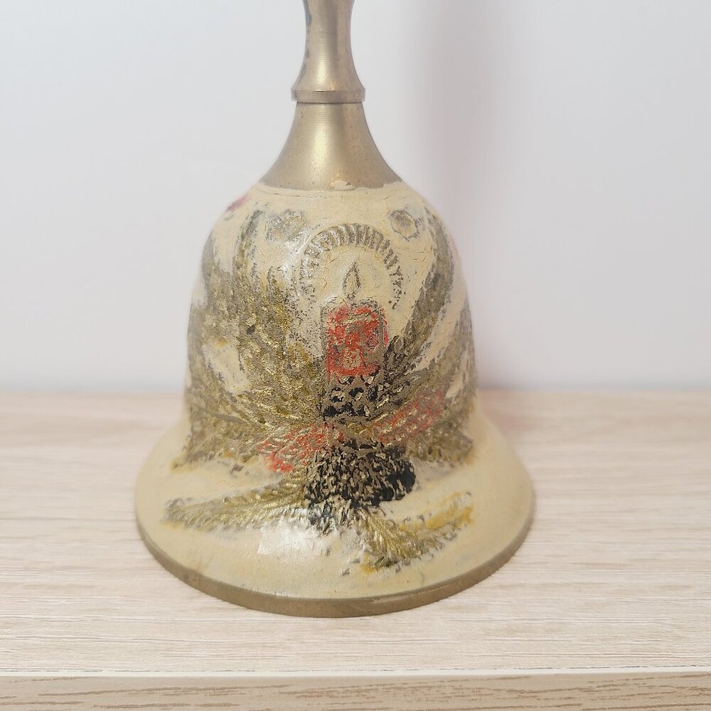 Vintage Brass Hand Bell with Worn Enamel – Rustic Ritual Decor - Picture 3 of 7